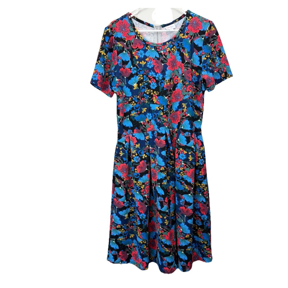 LuLaRoe Red Blue Colorful Floral Pockets Stretch Amelia‎ Dress Size 2X